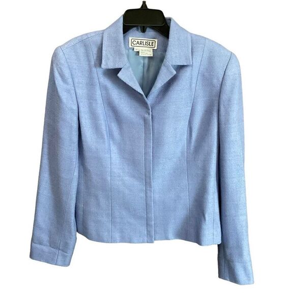 Carlisle Blazer Silk Collar Hidden Zip Snap Front Blue Vintage Shoulder Pads 14 - Picture 1 of 10